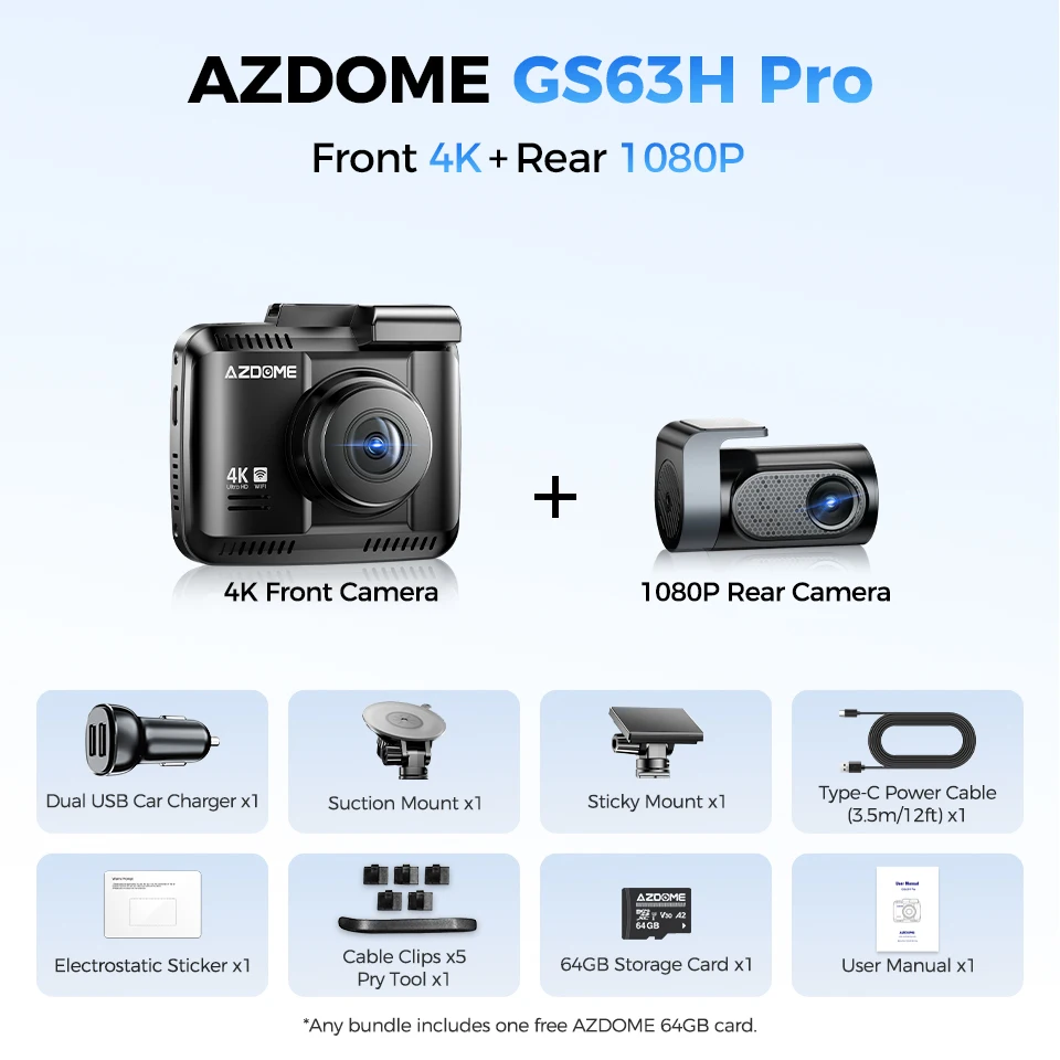 Видеорегистратор AZDOME GS63H Pro 4K + 1080P, двухканальная запись, 2,4-дюймовый IPS-экран ADAS GPS WiFi 6, приложение 130 °   FOV Автомобильный видеорегистратор 24H Монитор парковки