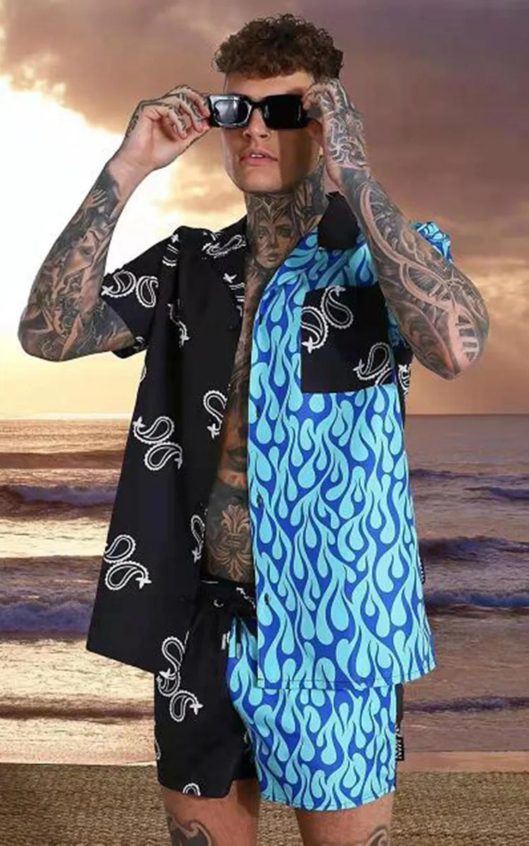 Summer Men's New Contrast Color Hawaiian Vacation Casual Beachwear Lapel Shirts Short Sleeve Tops Fashion Streetwear Set of 2