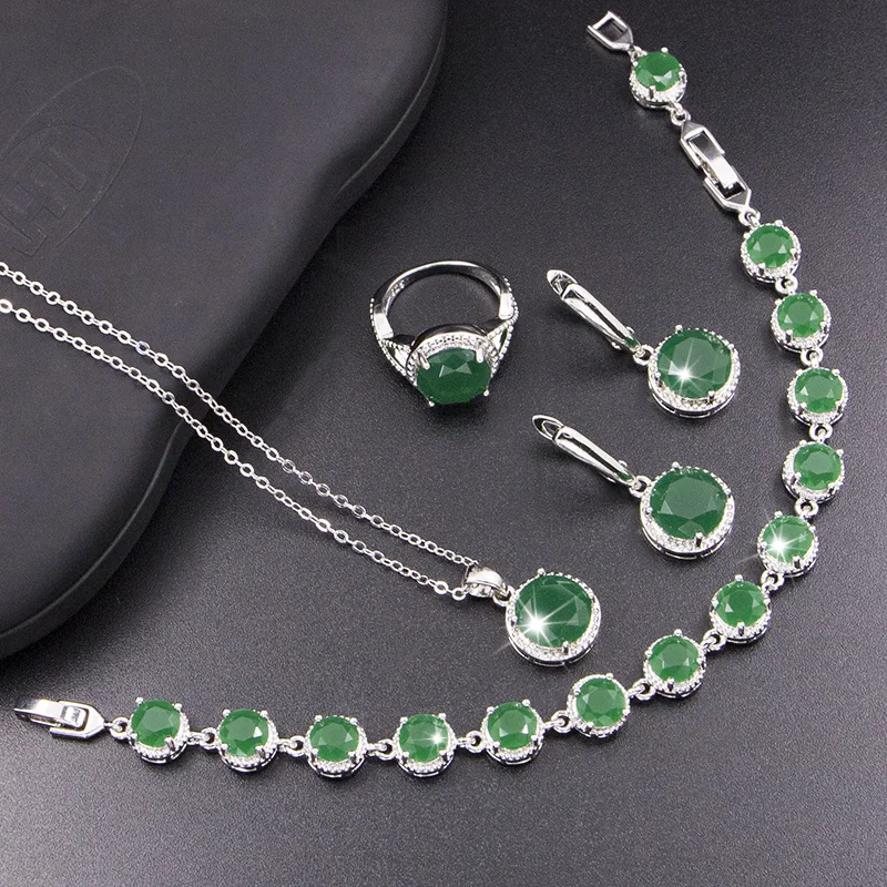 

4 pcs Round Emerald Green Big Cubic Zircon Dubai Women Party Costume Jewelry Sets for Brides Wedding Luxury