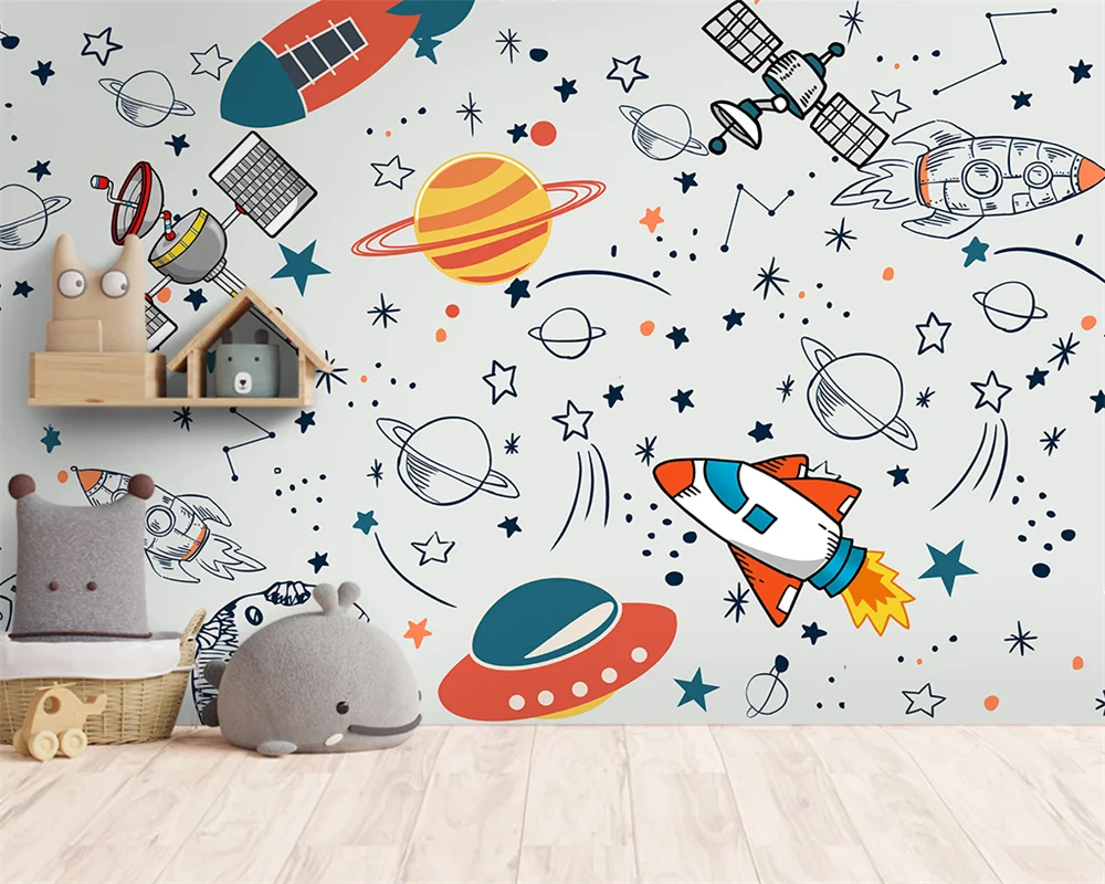 

Бумажные обои beibehang, современные обои на заказ с изображением космонавта, ракеты, планеты, спутника, детской комнаты