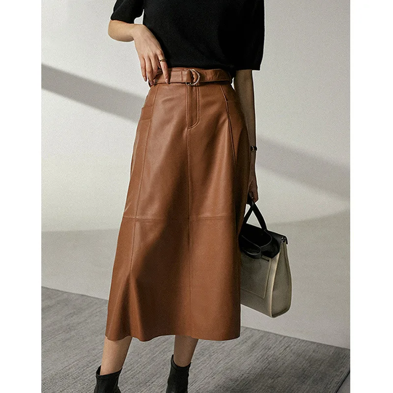 

2022 new women's sheepskin leather high waist skirt slim fit fashion women's long style female skirt