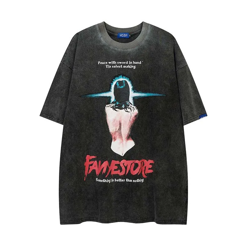 

2022 Tide brand Wash water make old character printed short sleeve men's T-shirt Country tide loose casual T-shirt men's clothin