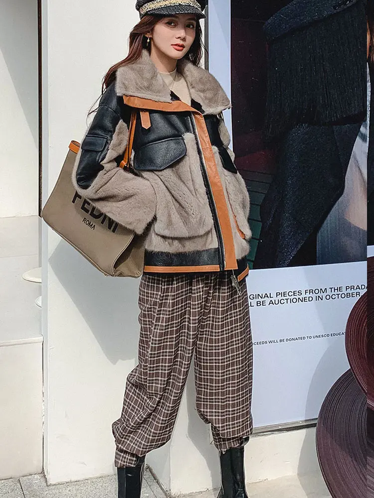 Mink Fur Stitching Fur Coat Women's Short Winter New Whole Mink Fur Motorcycle Wool Overcoat