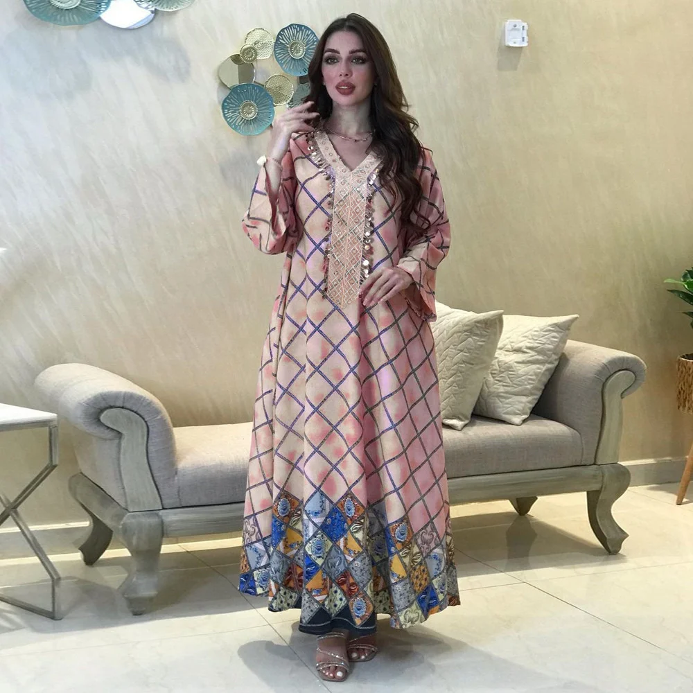 

Women's Muslim Dresses Islam Clothing Abaya 2022 Autumn Winter New Fashion Sequin Lace Arab Print Robe Large Swing Elegant Dress