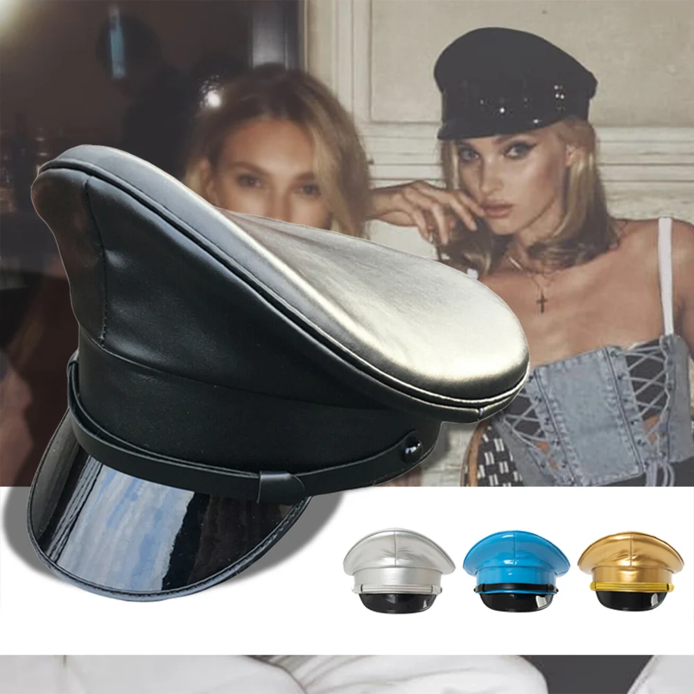 Фото Personality Women PU Leather Captain Cap Prom Performance Big Brimmed Hat Bar Cosplay Show Hat Beret Cap №3