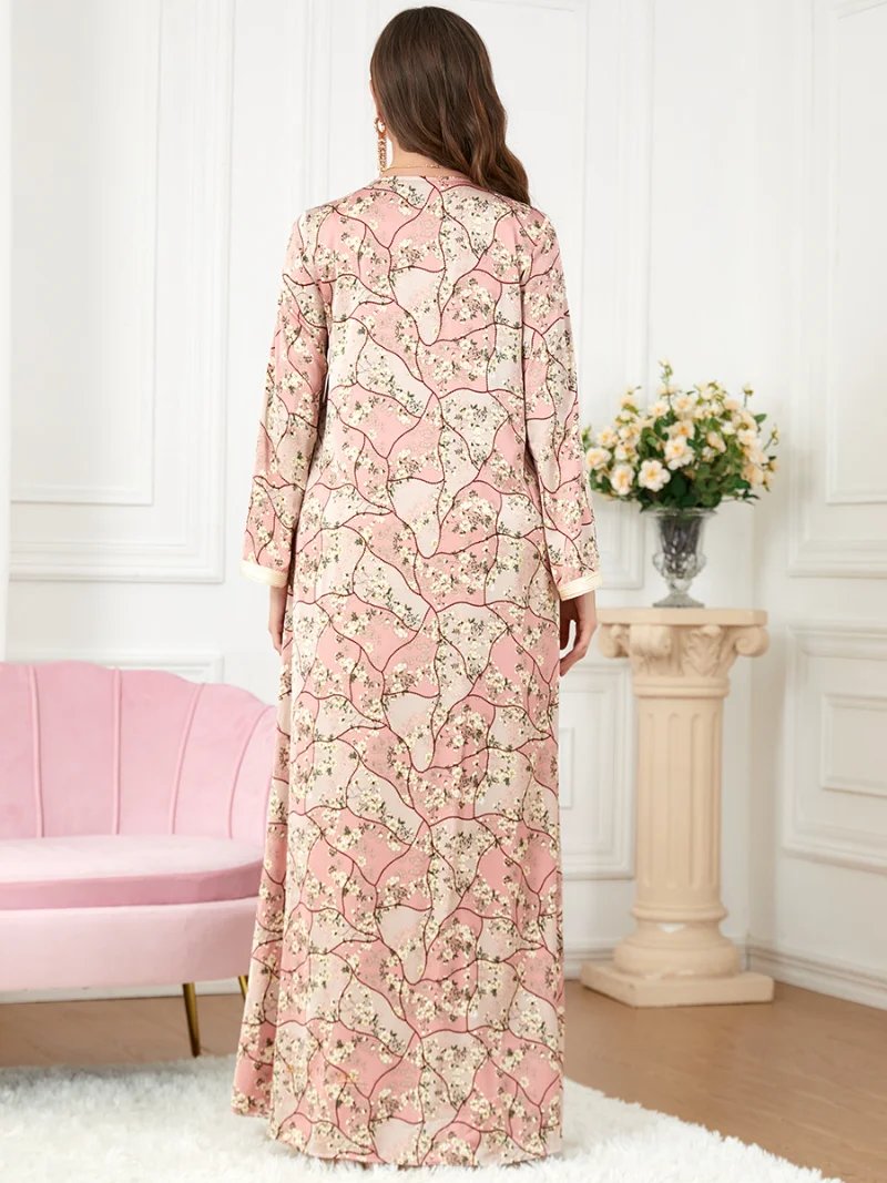 Elegant Casual Women's Dresses Abayas For Women Muslim Sets Floral Embroidery Guipure Lace Insert Belted Kaftan