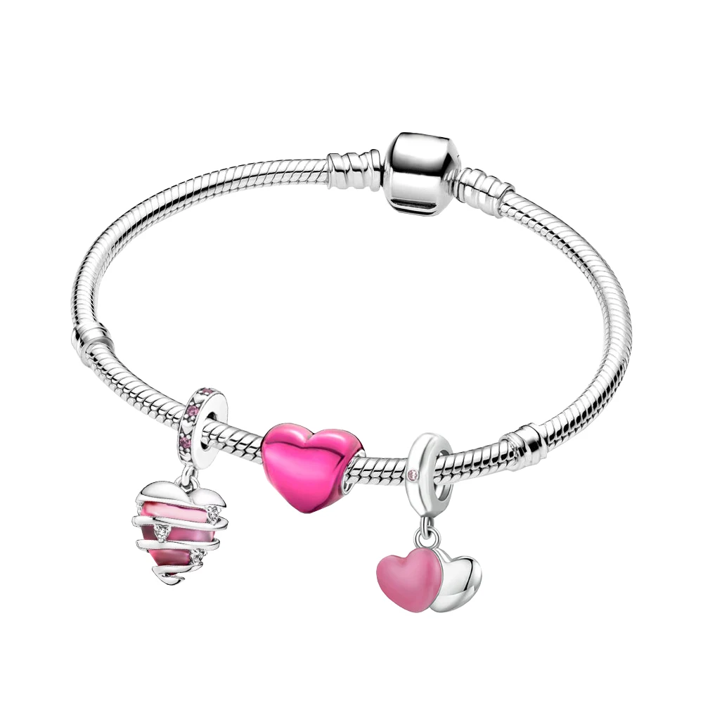 

New S925 Pink Heart Pendant Snake Chain Bracelet Set Fit for Pandora Original Styling Link Making Fashion Jewelry for Women Gift
