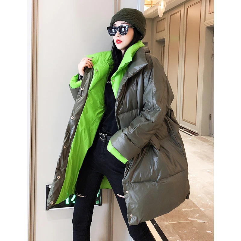 

Корейская зимняя пуховая парка, женский пуховик, пальто 2022, Модное теплое пальто с белым утиным пухом и шарфом, Длинное свободное толстое па...