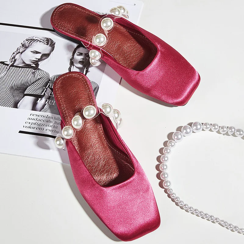 

Fashion String Bead Flats Shoes Shallow Ladies Square Toe Female Casual Outdoor Pearl Sandal Beach Slides Slippers Women Mules