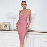 women midi bandage dress 2022 new sexy sleeveless v neck bodycon club party pink evening dress vestidos