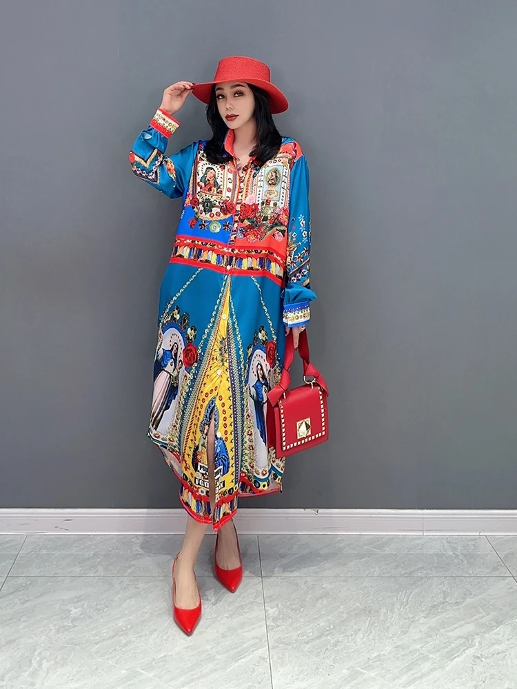 

SuperAen 2023 Весна Лето Новое корейское модное цветное длинное платье-рубашка с отложным воротником повседневное женское платье
