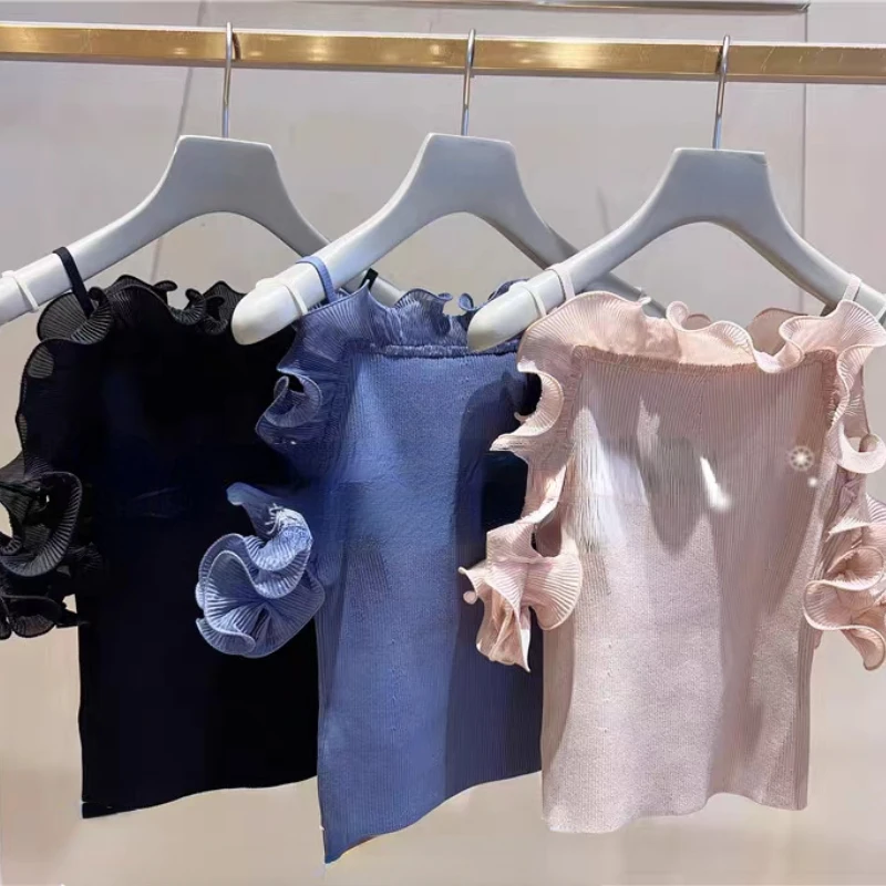 

Strap Slim Fit Sweater Women Solid All-matched Short Jumper Kuzuwata 2023 Summer Ruffled Splice Off Shoulder Pullover Japanese