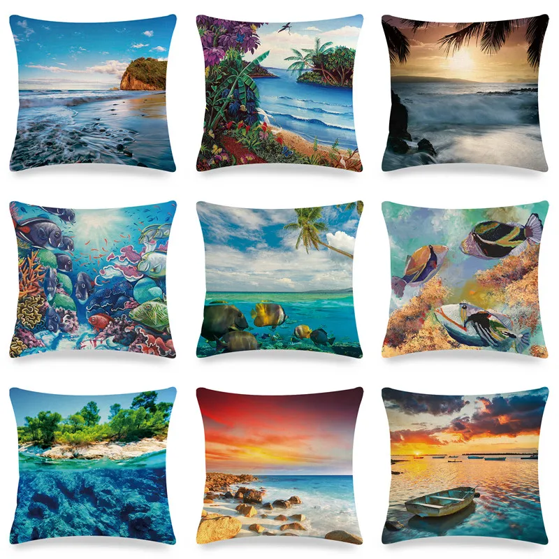 45cm*45cm  Natural scenery seaside starry sky rainbow linen pillow case pillow case home decor  pillows decor home  pillow case