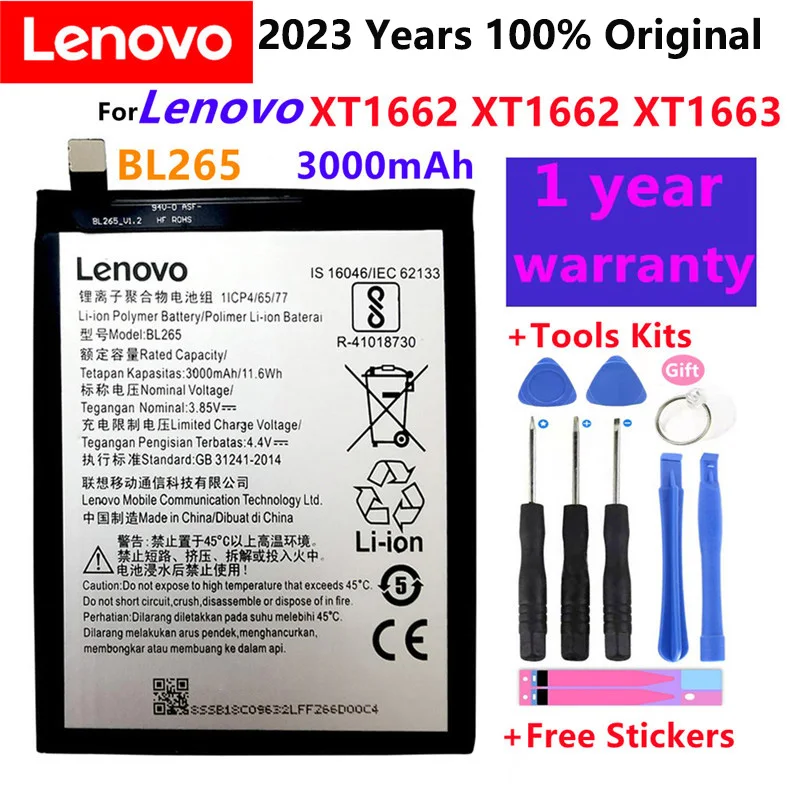 

Original BL265 3000mAh battery for Lenovo XT1662 For Motorola MOTO M XT1662 XT1663 Mobile Phone Battery +Gift Tools +Stickers