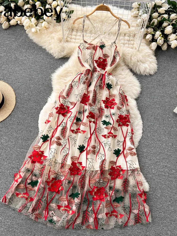 

Женское платье с цветочной вышивкой, красное пляжное платье макси без рукавов, с открытой спиной, сарафан на шнуровке в стиле бохо, лето 2022