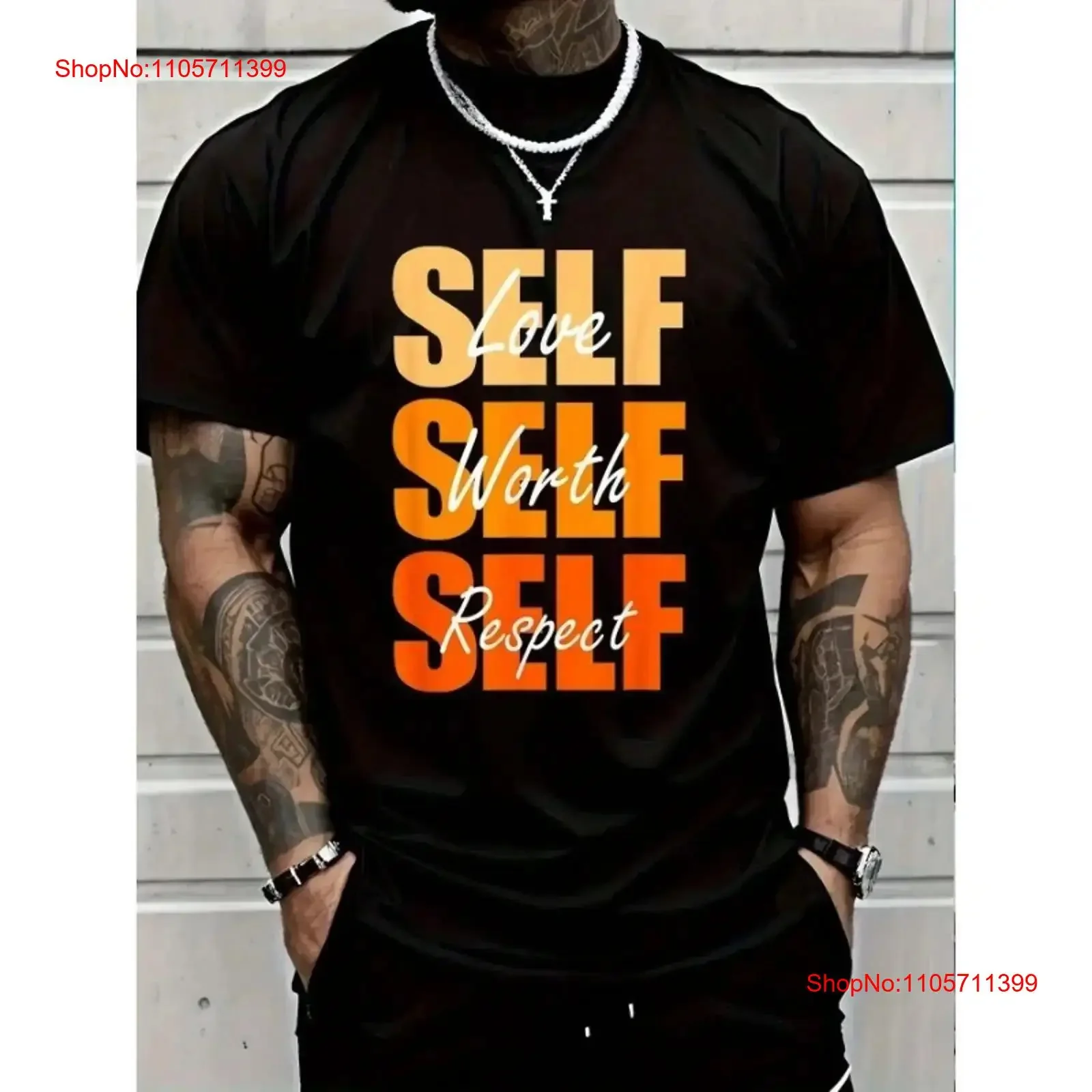 Фото Футболка унисекс из 100% хлопка, оранжевая, с принтом Self Vibes Only, с длинным или коротким рукавом, винтажная, с эффектом потертости, стильная, слегка комфортная №1