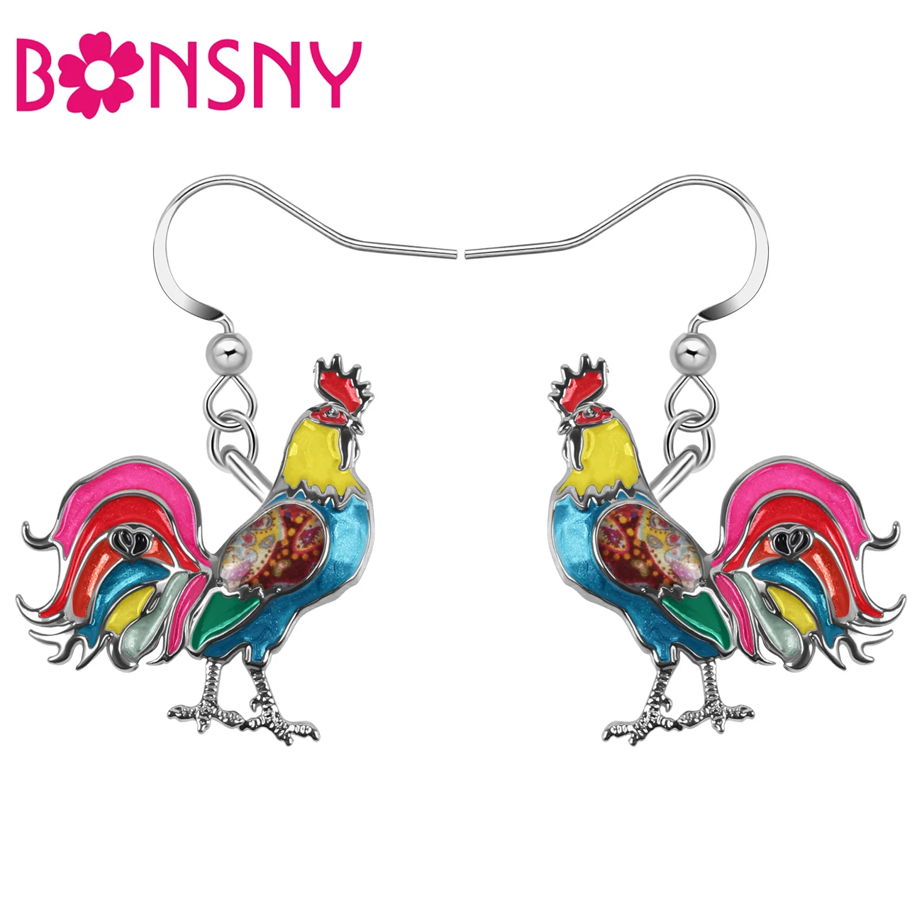 

Bonsny Enamel Alloy Metal Floral Cute Roosters Earrings Poultry Dangle Drop Charms Fashion Accessories For Women Girls Teen Gift