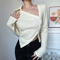 women summer irregular diagonal v neck crop tops slim fit solid color long sleeve knitted shirts streetwear