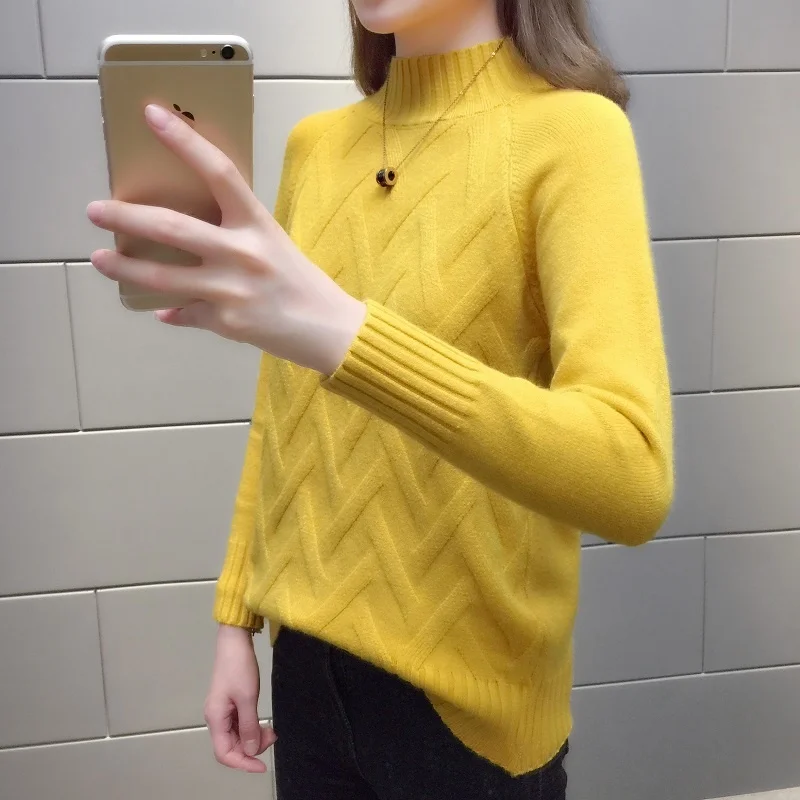 

Winter Autumn Half High Collar Long Sleeve Knitted Sweater Women Jumper Ladies Korean 5 Color Loose Short Pullover Tops Female