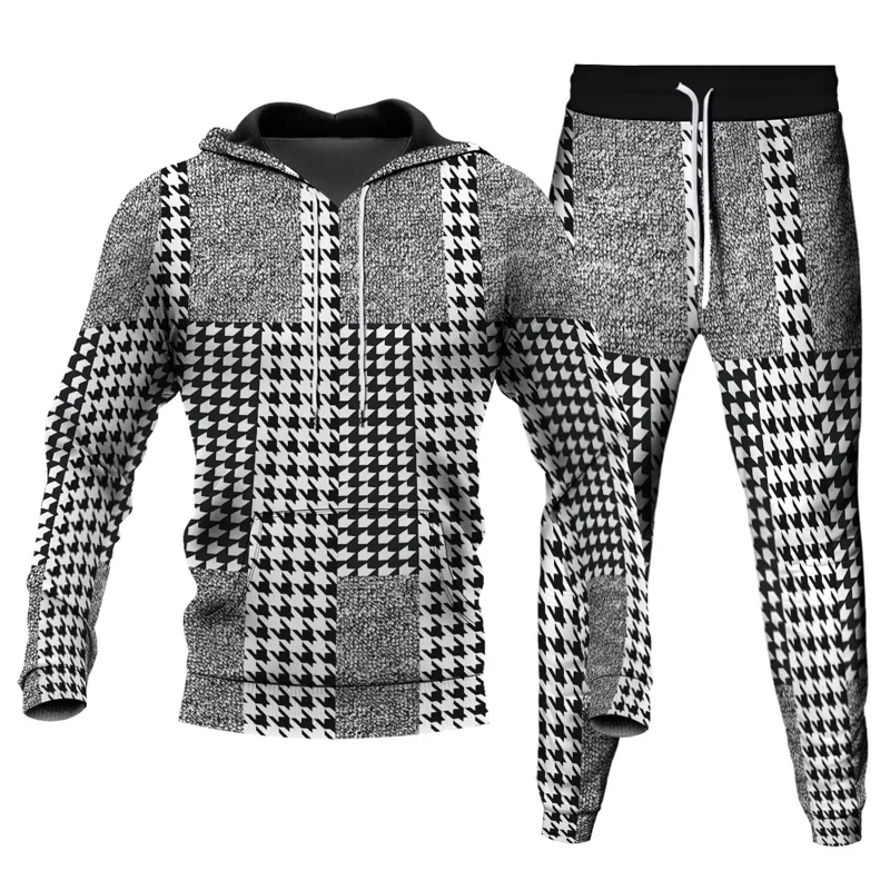Men's Sets Print Hooded Pullover +Patchwork Pants Sport Suits Casual Sweatshirts Tracksuit Sportswear Fitness Clothing