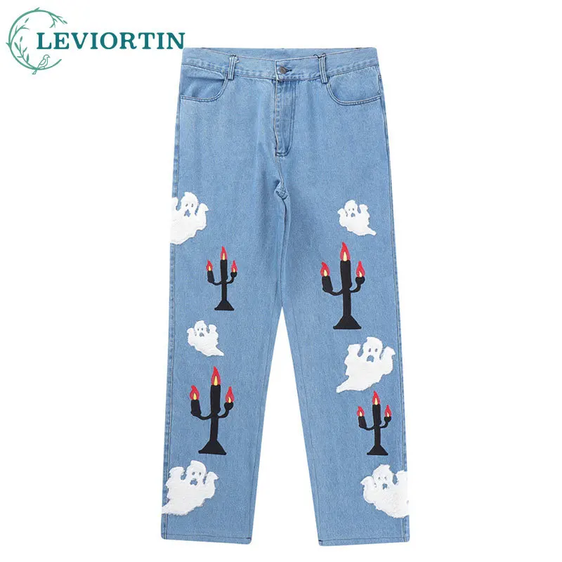 

High Street Demon Flocking Embroidery Straight Men Cropped Jeans Pants Casual Candle Pattern Cropped Denim Trousers Y2K Clothing