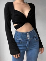 sexy v neck long sleeve back bandage black crop tops women 2022 autumn hot girl slim white tops multi tie method street clubwear