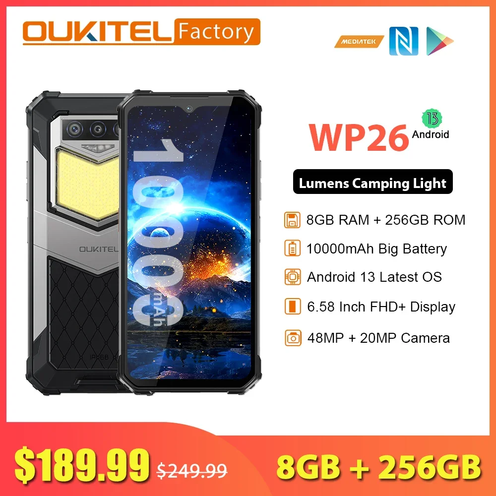 Фото OUKITEL WP26 — защищенный телефон с 6,58-дюймовым FHD+ дисплеем, портативный, для кемпинга, 13-дюймовый (8+5 ГБ+256 ГБ), 20-мегапиксельный, 10000 мАч, Android 13 №1