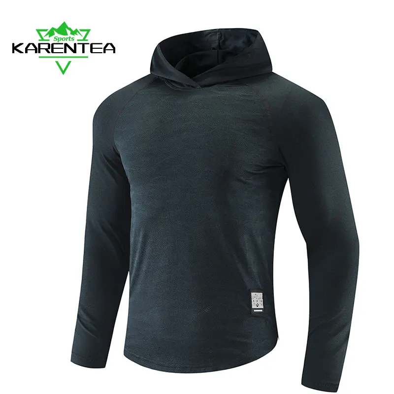 

Karentea Long Sleeved Hooded Running T Shirt Men Casual Elastic Solid Fitness Tshirt Hip Hop Slim Fit Male T-shirt Streetwear