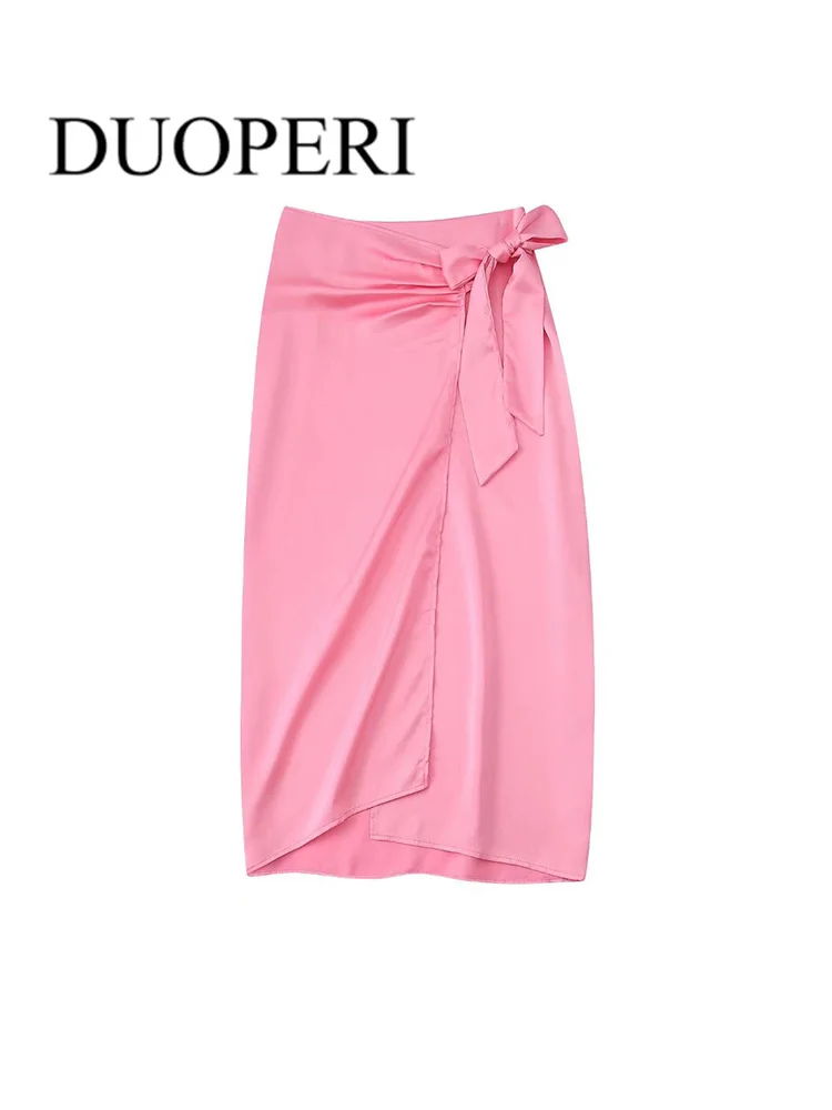 

DUOPERI Women Fashion Pleated Midi Skirt With Knot Front Split Vintage High Waist Female Skirts Mujer Chic Outfits