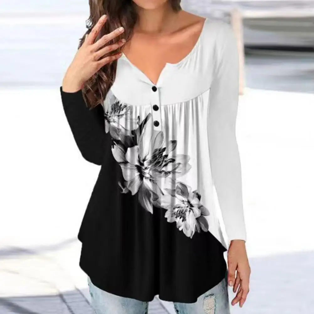 

Versatile Skin-touch Simple Casual Floral Print Women Tunic Top Female Clothing