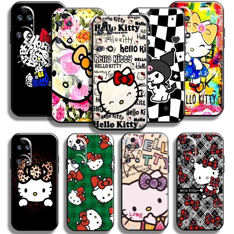 

Cartoon Kuromi Hello Kitty Cat For Huawei P50 P50 Pro Phone Case Back Full Protection Liquid Silicon Black Coque Cases TPU
