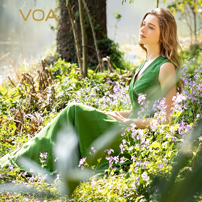 

VOA Georgette Silk Fashion Three-dimensional Fold Sublime Woman Dress Summer Sleeveless Elegant Grass Green Maxi Dresses AE1202