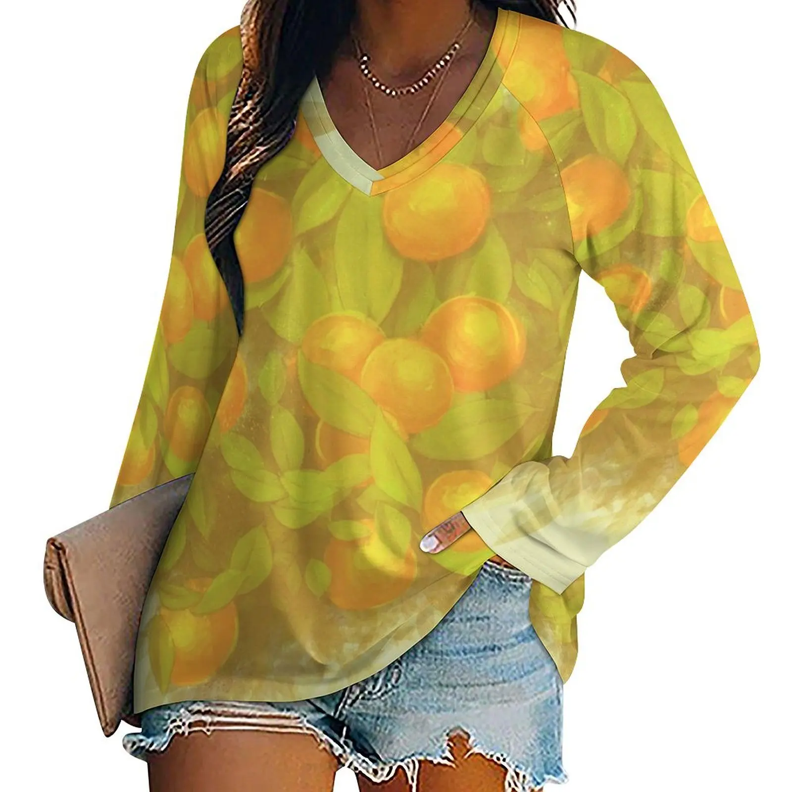

T-shirts with Orange Flowers Long Sleeve Loose Tee Hip Hop Streetwear Clothes Printed T-shirt