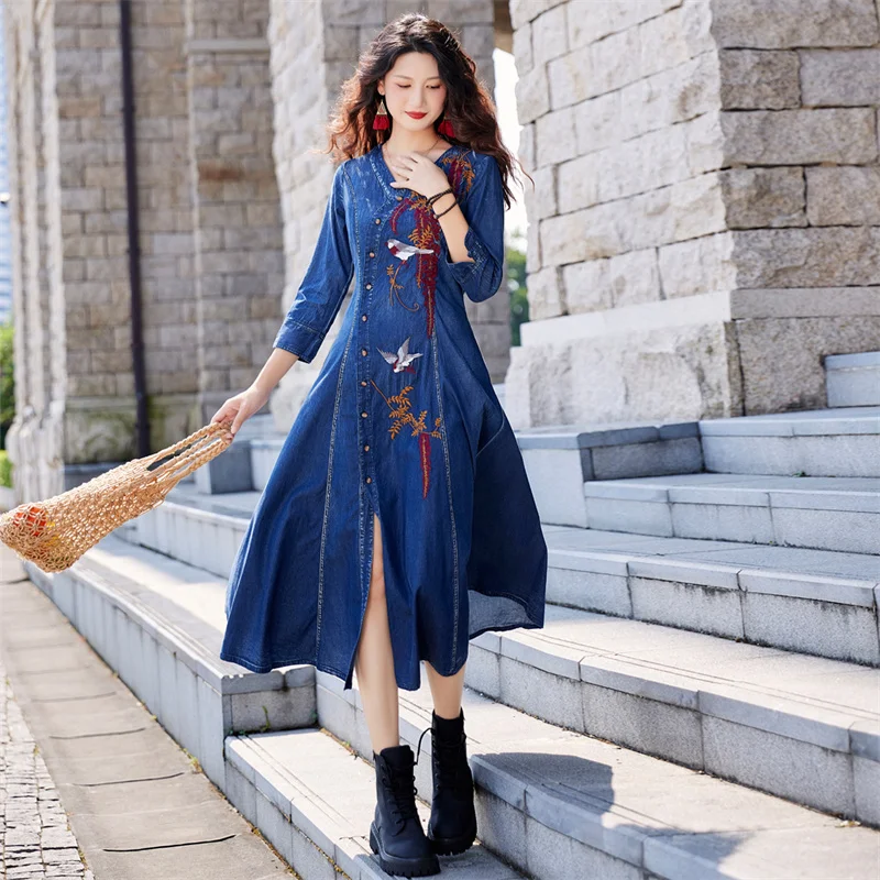 2023 High Quality Single-breasted Denim Maxi Dresses Spring Autumn Women Vintage Embroidery V-neck Cotton Jean A-line Dresses