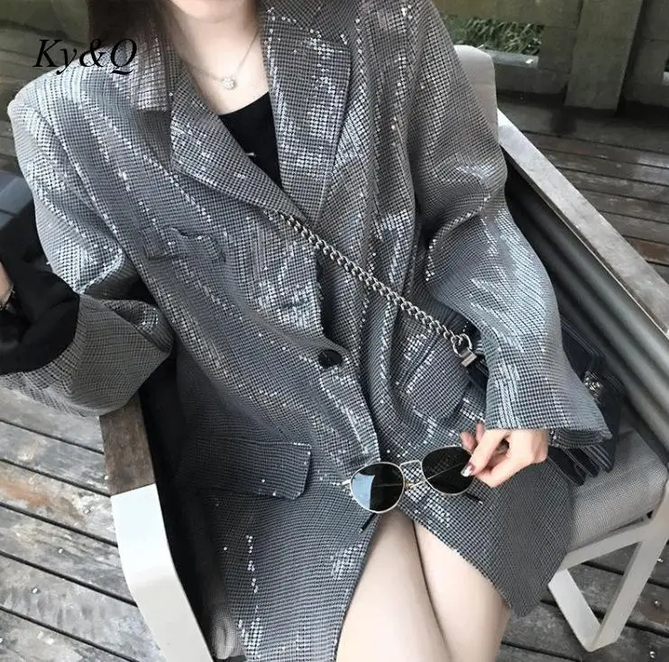 2022 New Design Sequin Suit Coat Women's Runway Party Elegant Luxury Loose Thousand Bird Grid Jacket Blazers High Quality |