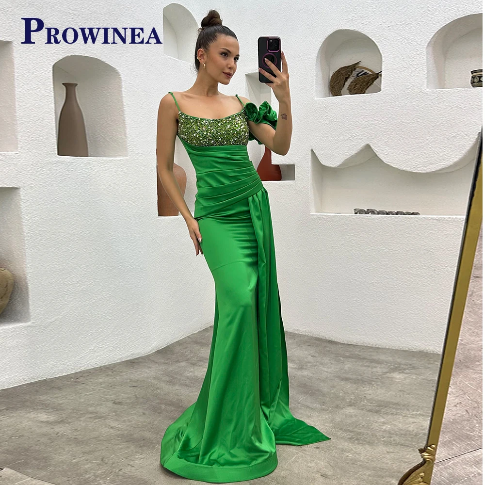 

Prowinea Beadings Spaghetti Straps Sequined Evening Gowns Satin For Women Charming Pleat De Gala Sleeveless Customised Mermaid