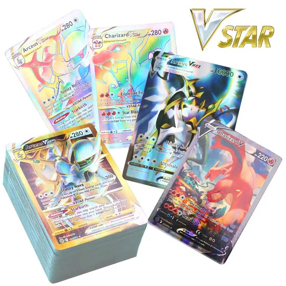 2022 English Pokemon Cards Holographic Vstar Vmax GX Letter with Rainbow Arceus Shiny Charizard Mewtwo Eevee Evolution