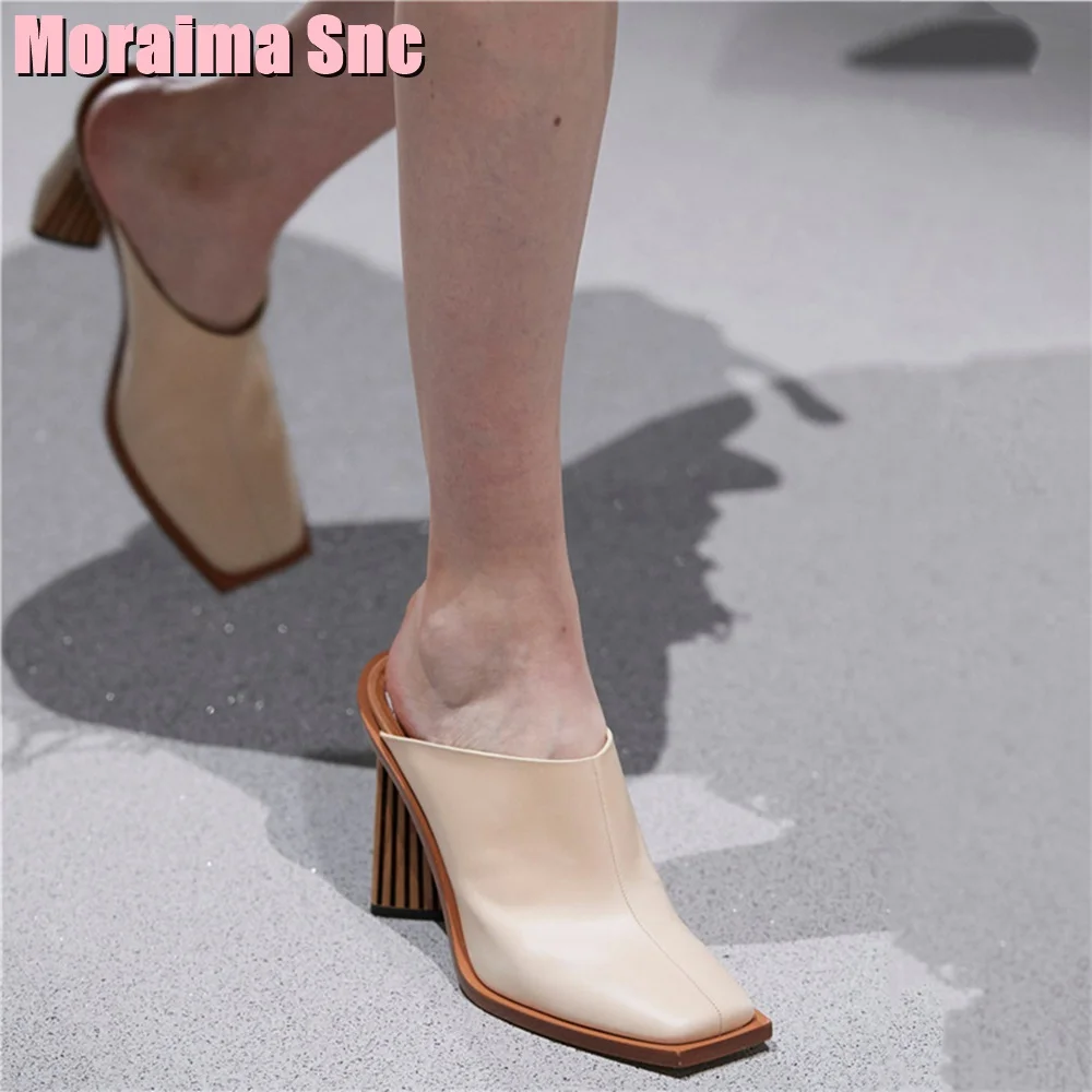 Square Toe Strange Block Heel Slippers High Heel Women Shoes Summer Runway White Solid Sexy Style Fashion Ladies Slides Casual