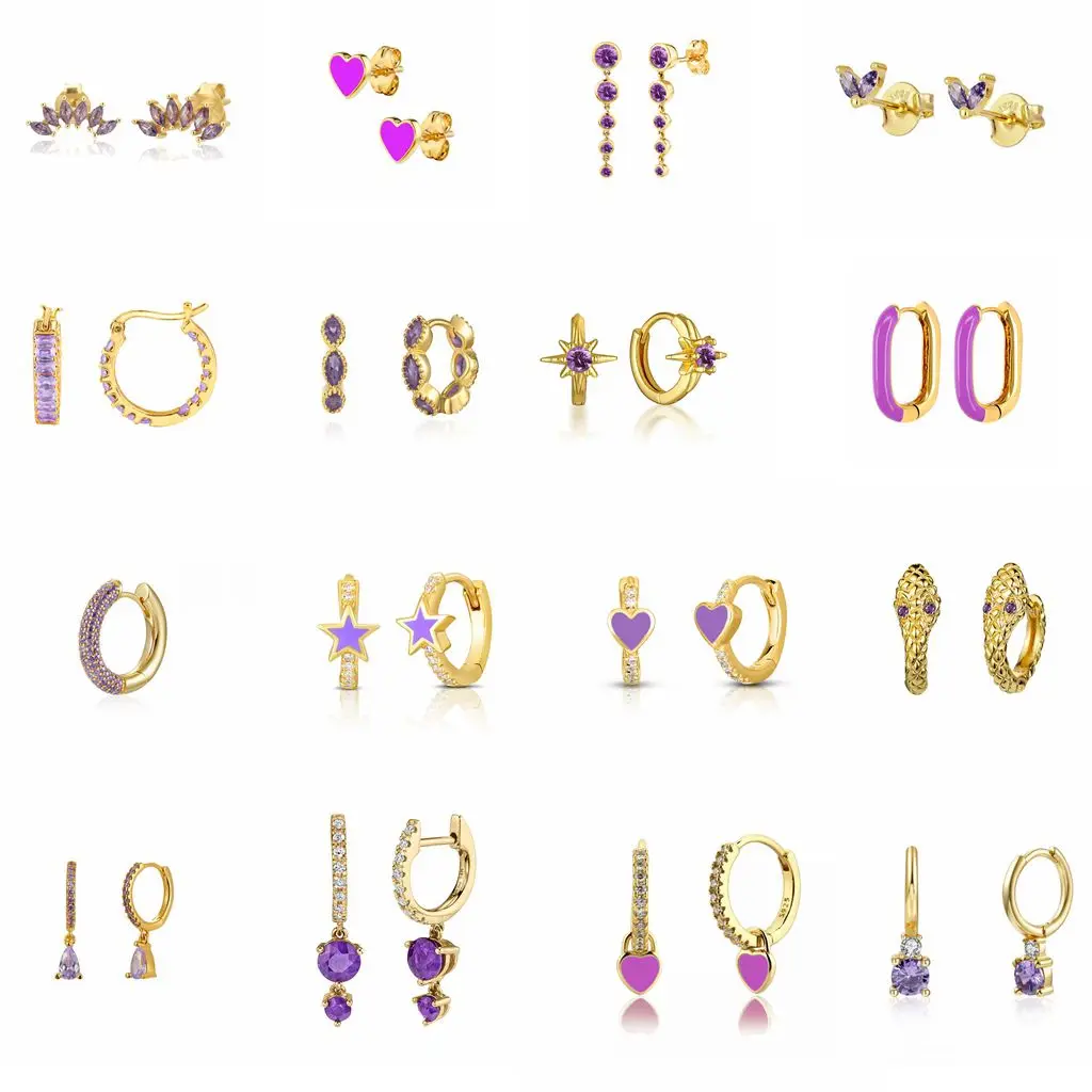 

YUXINTOME 925 Sterling Silver Ear Needle Hoop Earrings Simple INS Purple Color Water Drop/Cross/Rectangle Earrings Fine Jewelry