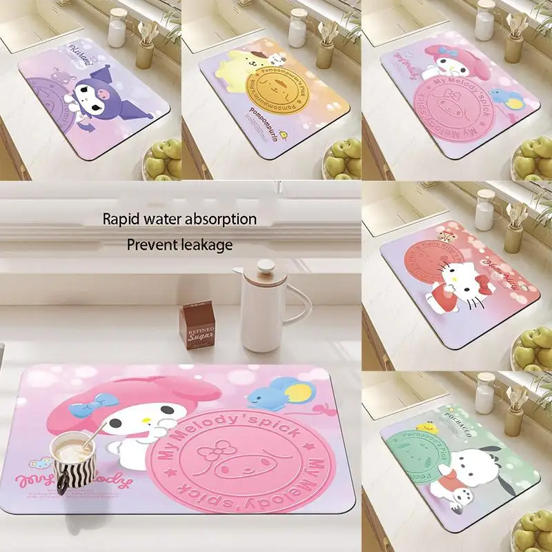 

Kawaii Sanrio My Melody Hello Kitty Pochacco Cartoon Absorbent Pad Diatom Mud Non-Slip Anti-Scald Anime Figure Kitchen Supplies