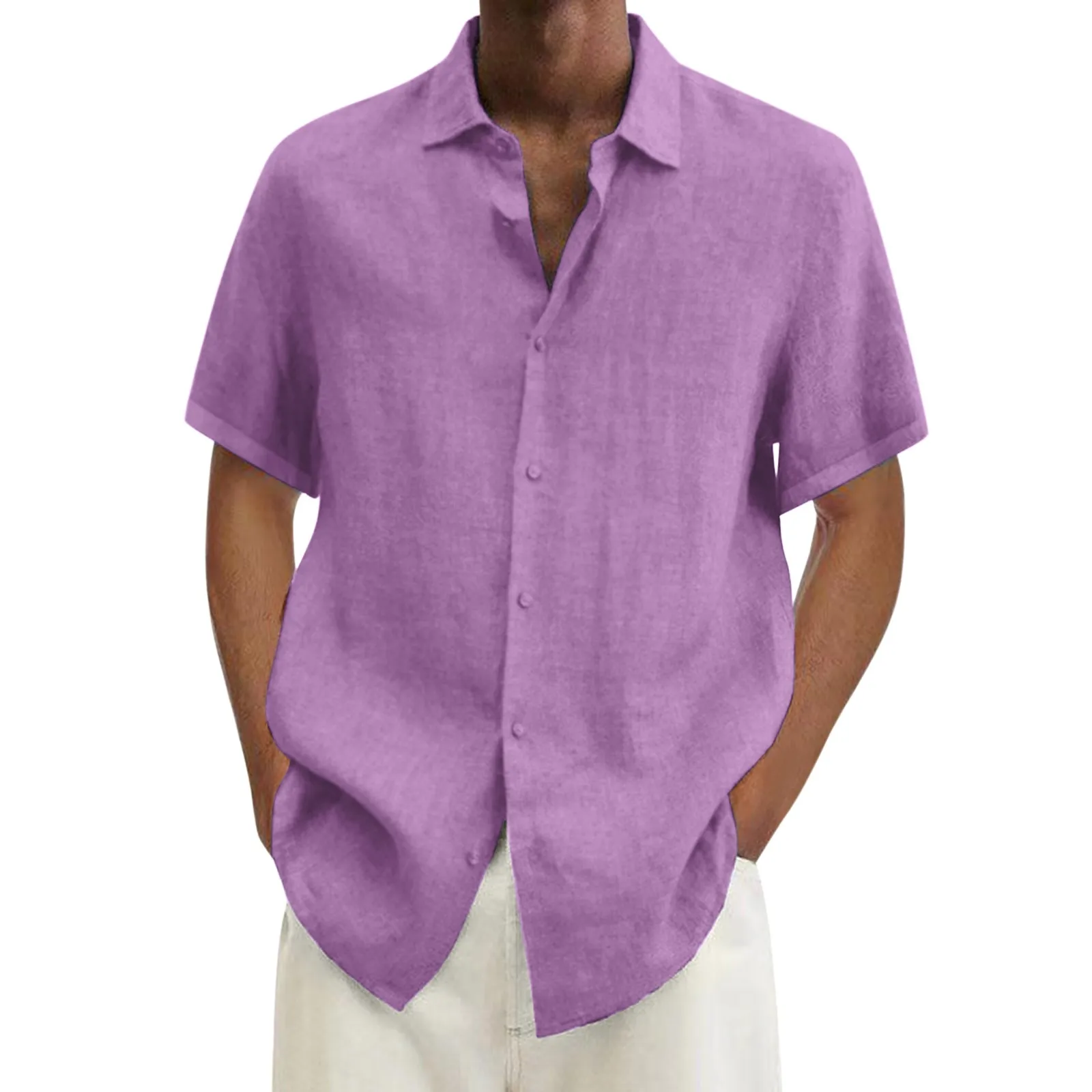 

Мужская хлопковая рубашка с коротким рукавом, однотонная быстросохнущая пляжная блуза с отложным воротником, в повседневном стиле, лето