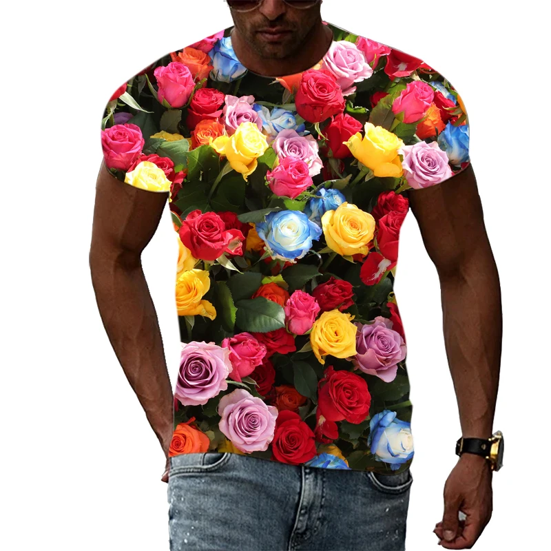 Men'S And Women'S Printed T-Shirts, Rose Printed Casual Short Sleeved Shirts, Street Style, Fashion, Summer