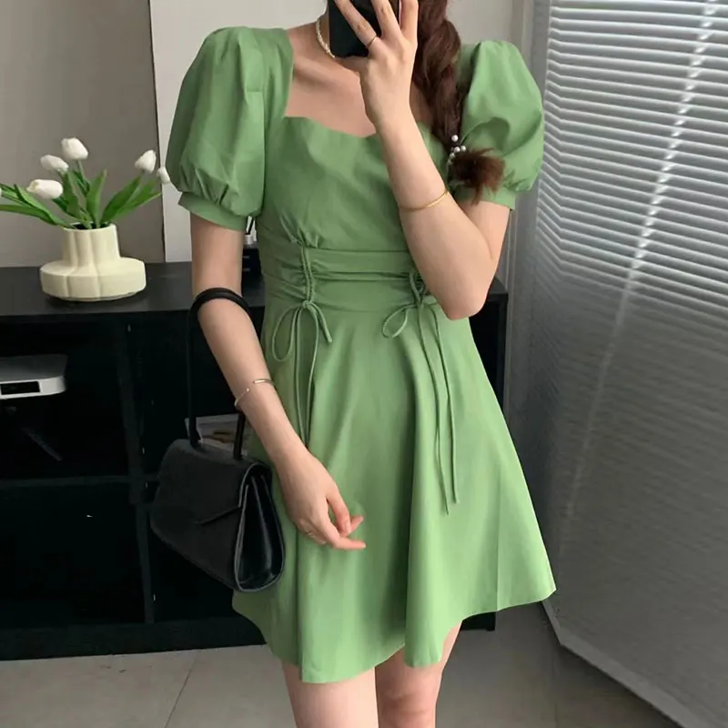 

2022 New Summer Korean Chic Sweet Square Collar Women Dresses Japanese Cute Lacing Bow Female Dress Vintage Slim Vestidos