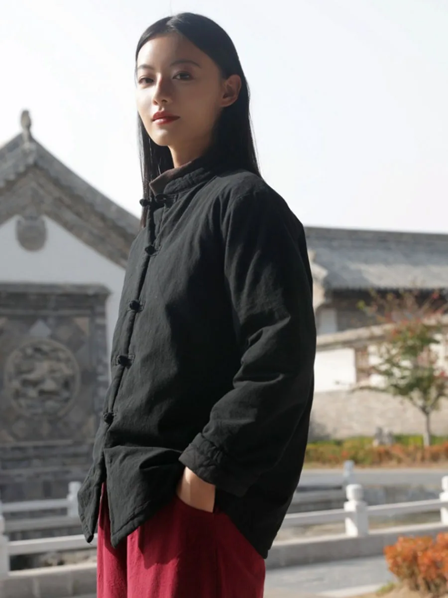 Новое китайское базовое хлопково-льняное однотонное короткое пальто с хлопковой