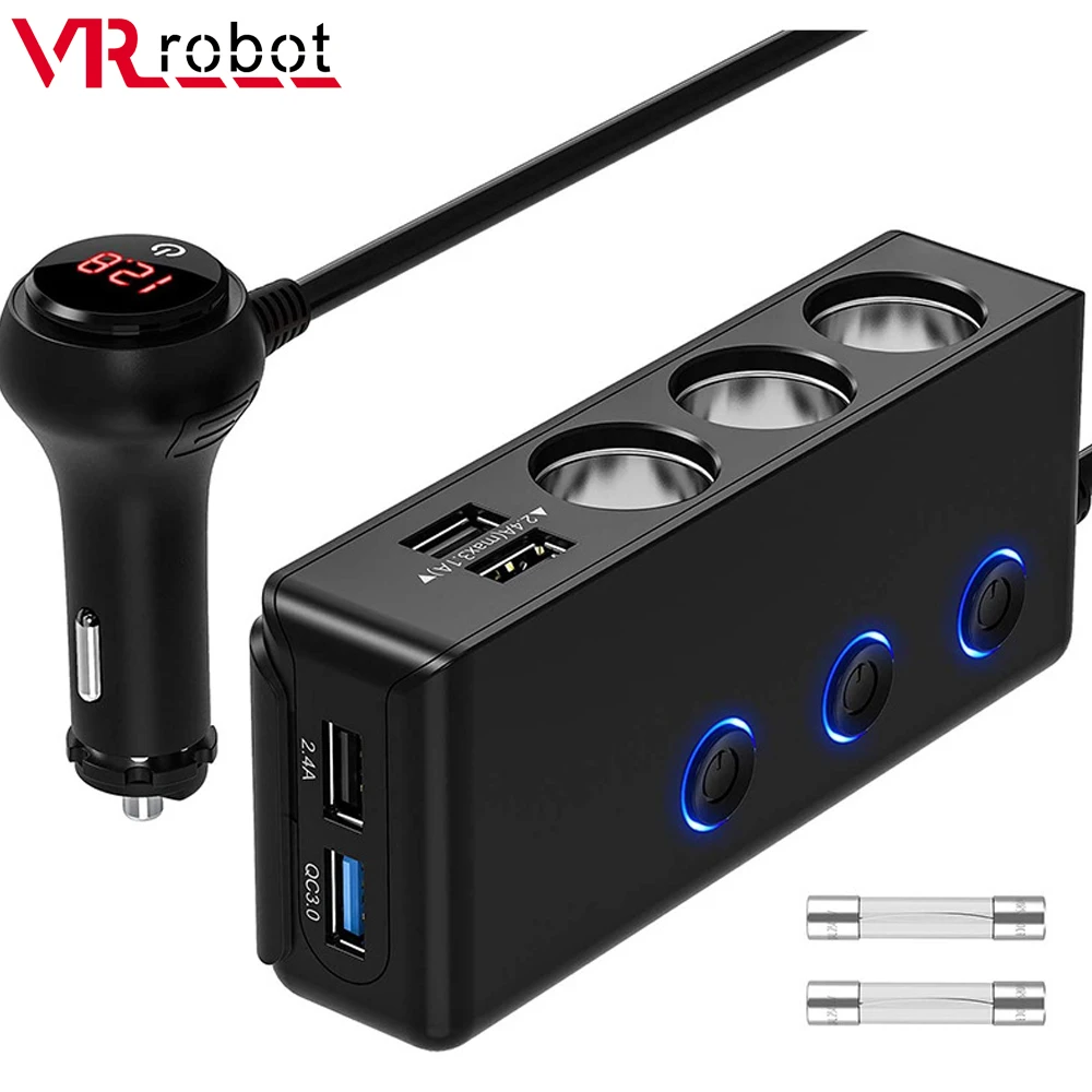 

Робот-прикуриватель VR robot 12-24 в 120 Вт, разветвитель с 3 разъемами QC3.0 + Автомобильное зарядное устройство с USB-портами и выключателем, светодиодный дисплей Voltag