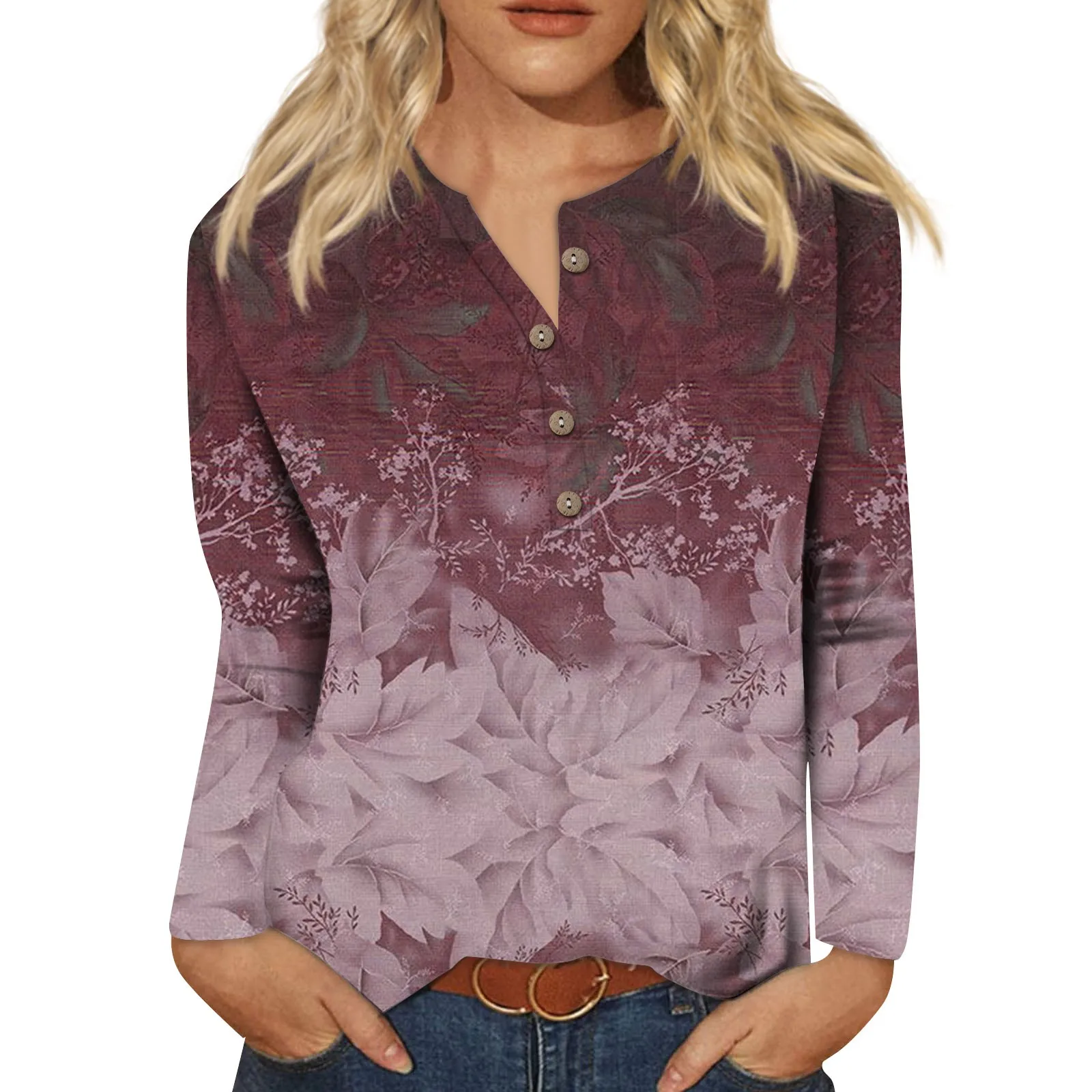 

New In Blouse Party Slim Vacation Leaves Plants Printed Gradient Color With Button Outfit For Woman Simple Blouse Camisetas