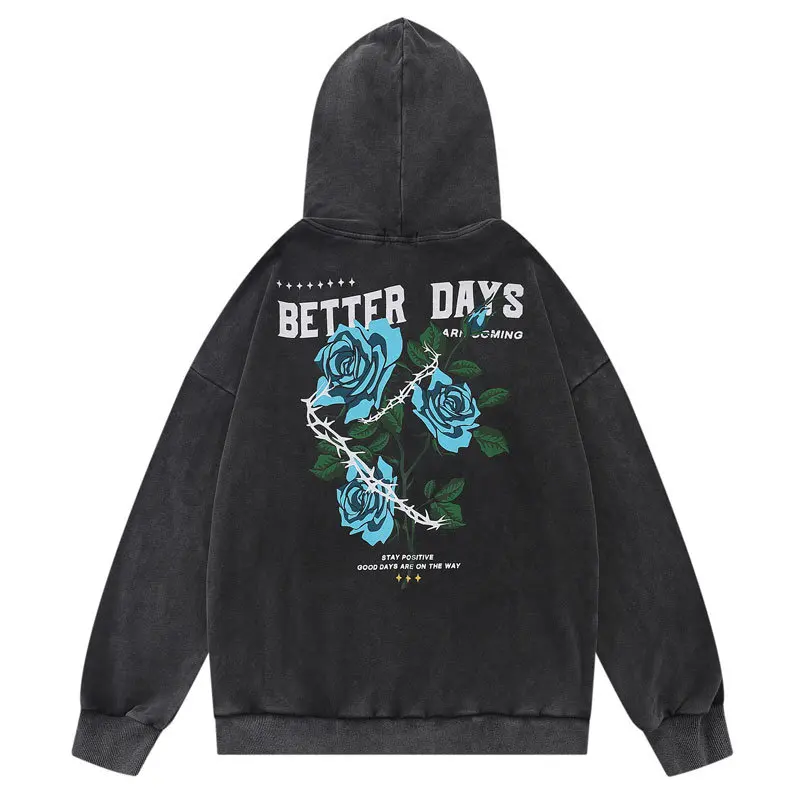 

Vintage Hoodie Sweatshirt Y2K Streetwear Hip Hop Floral Rose Letter Print Distressed Wash Hooded Harajuku Casual Loose Pullover