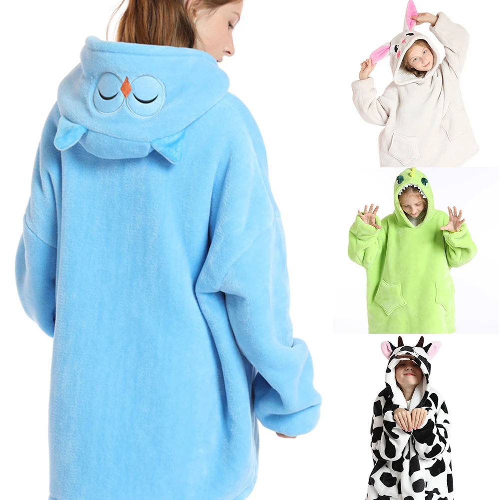 2022 Winter Children Blanket Hooded Flannel Nightgown Animals Cartoon Pullover Women's Warm Loose Students Lazy Clothing Pajamas