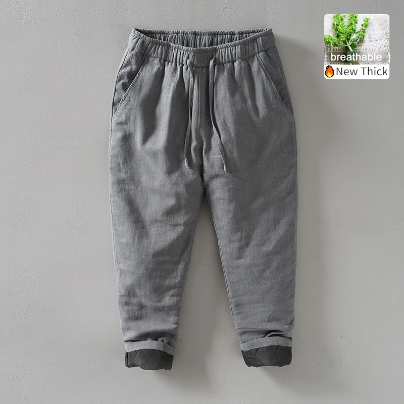 

Autumn Spring New Men Linen Pants Hemp Cotton Mixed Breathabe Drawstring Straight Casual Trouser New in Thickened GB-L8223