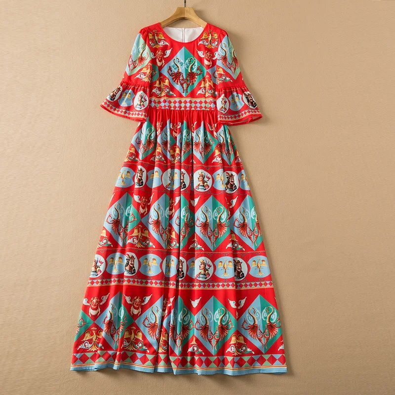 

2022 New Three-quarter Sleeve Horn Sleeve Fashion Vintage Red Printed Beaded Dress European and American Women's Wear Spring